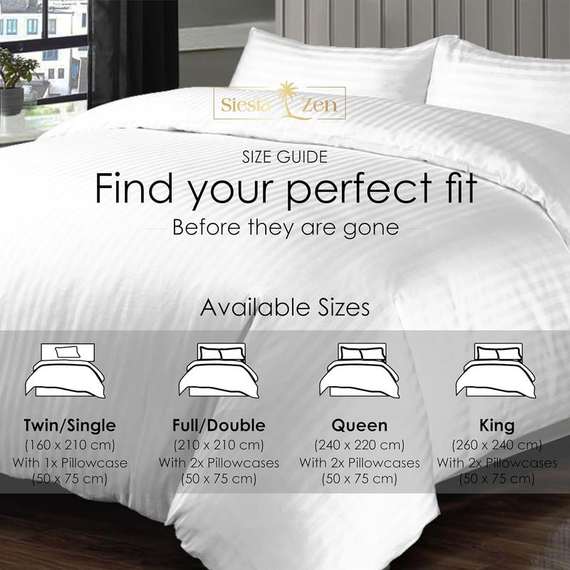 Siesta Zen 100% Cotton Luxury Hotel Quality Sateen Duvet Cover Set with 2cm Satin Stripe - King Size (White, 260x240cm) - Image 4